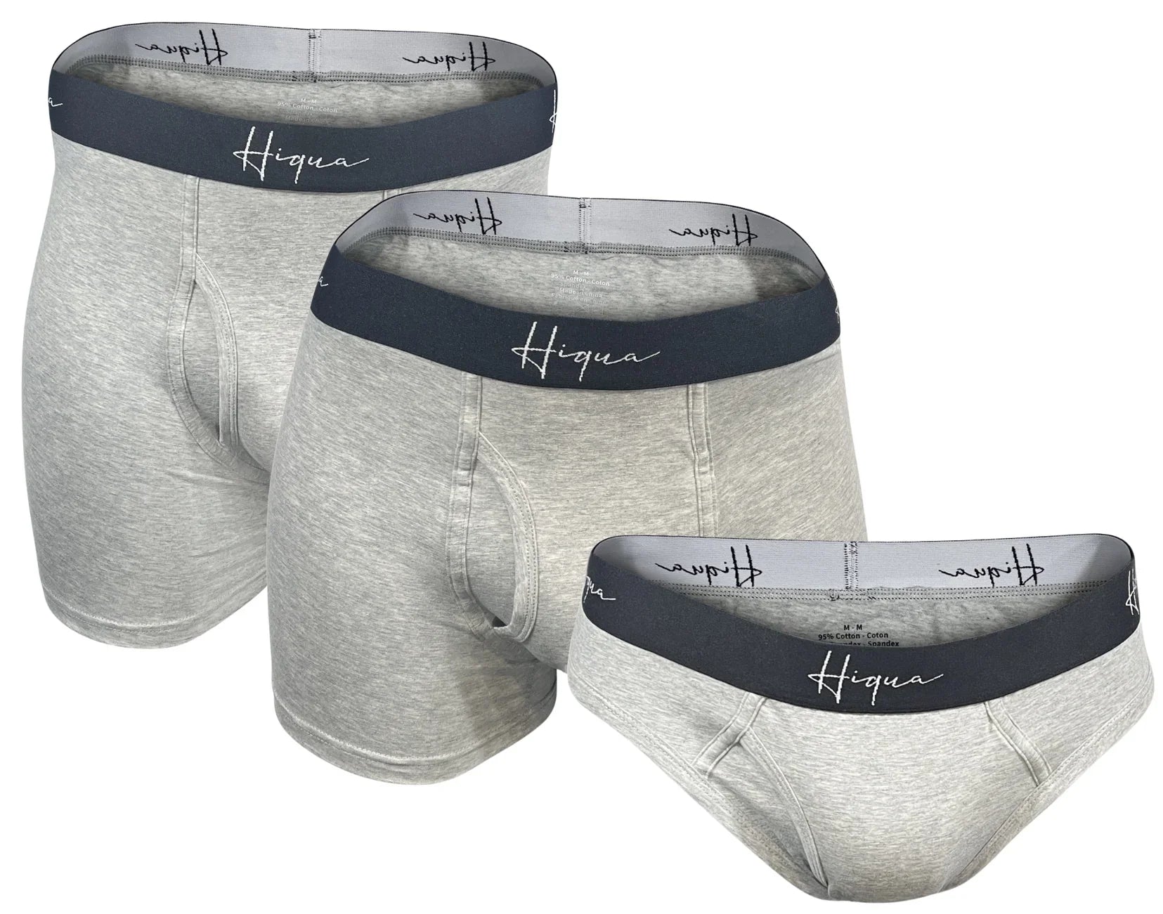Set of three Hiqua men's grey underwear, two boxer briefs and one brief, black waistband