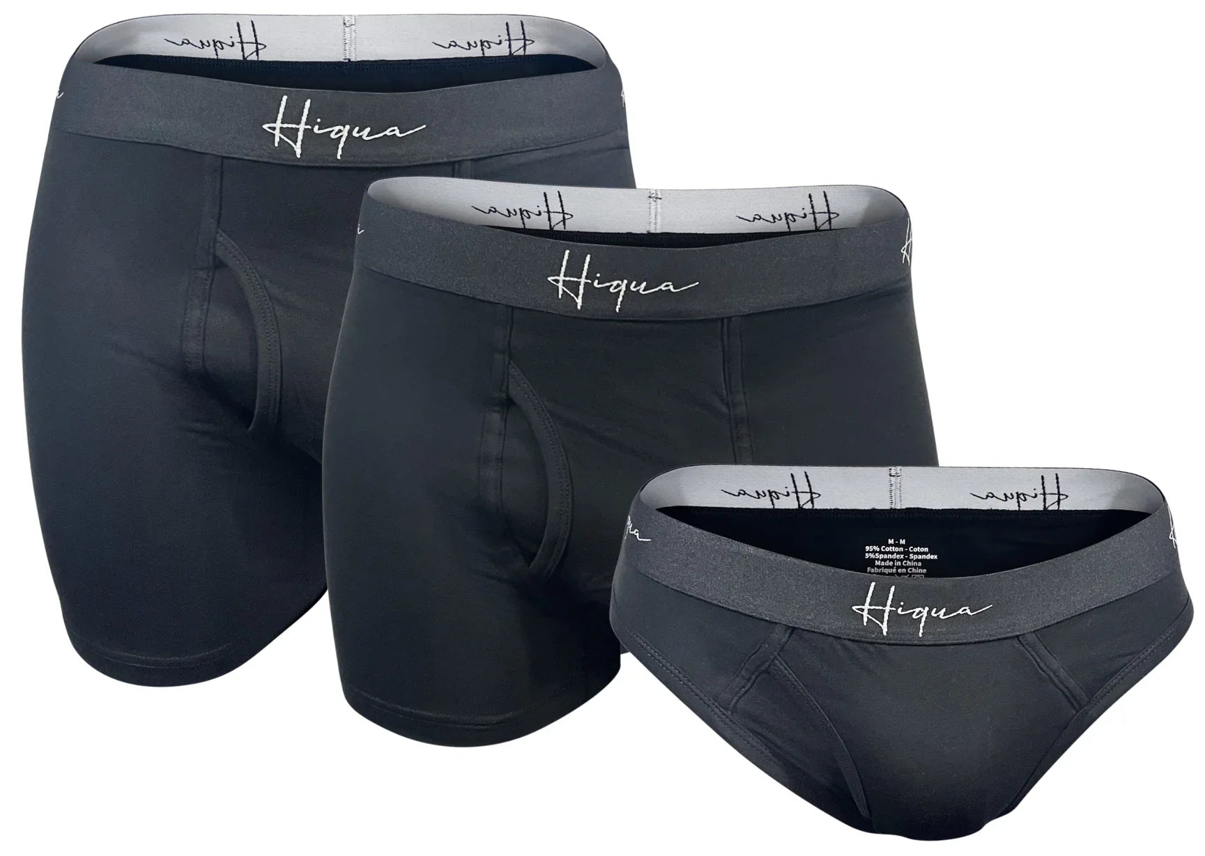 Black Hiqua men's underwear set with boxers and briefs, grey waistband, logo visible