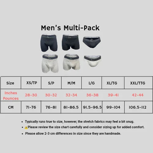 Men's multi-pack boxer briefs size chart with six underwear images and size details in inches and cm.