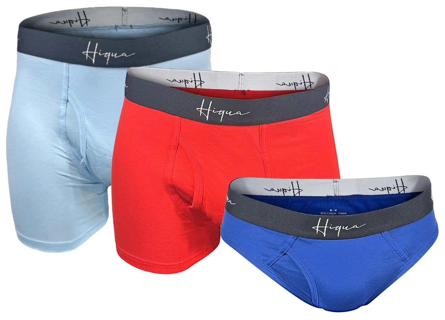 Hiqua men's underwear set with blue boxers, red boxers, and blue briefs, all with gray waistbands