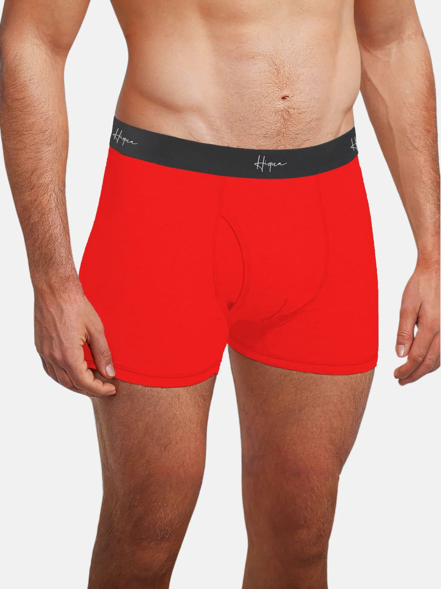 Red men's boxer briefs with black waistband and Hiqua logo, modeled on male torso