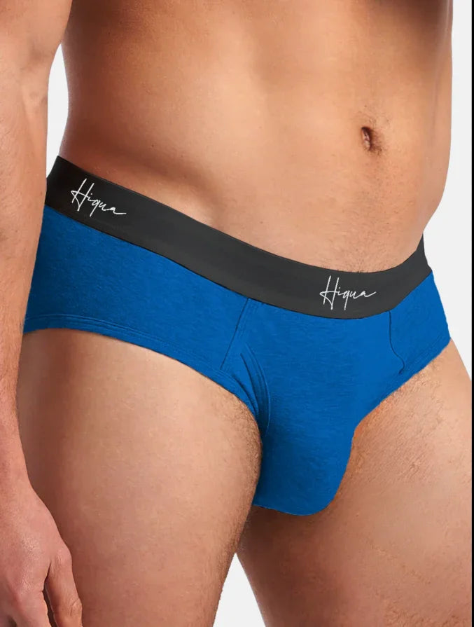Blue men's brief underwear with black waistband and Hiqua branding