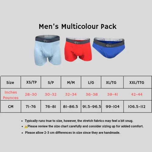Men's multicolour pack underwear size chart with blue, red, and navy briefs, inch and cm measurements.