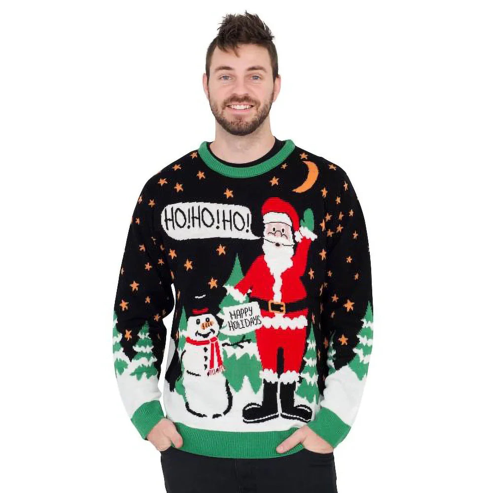 Man wearing a festive ugly Christmas sweater with Santa, snowman, and Ho Ho Ho text