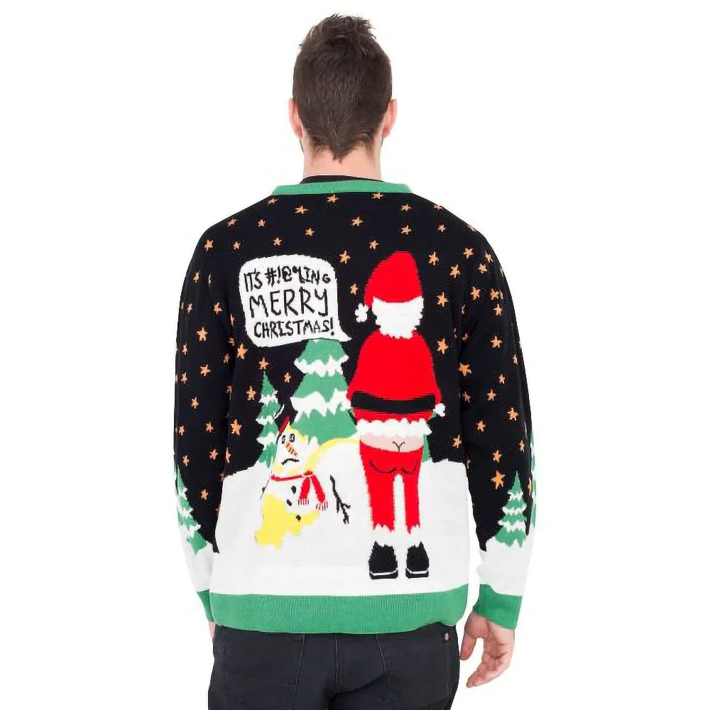 Man wearing ugly Christmas sweater with Santa, reindeer, snow, and 'Merry Christmas' text