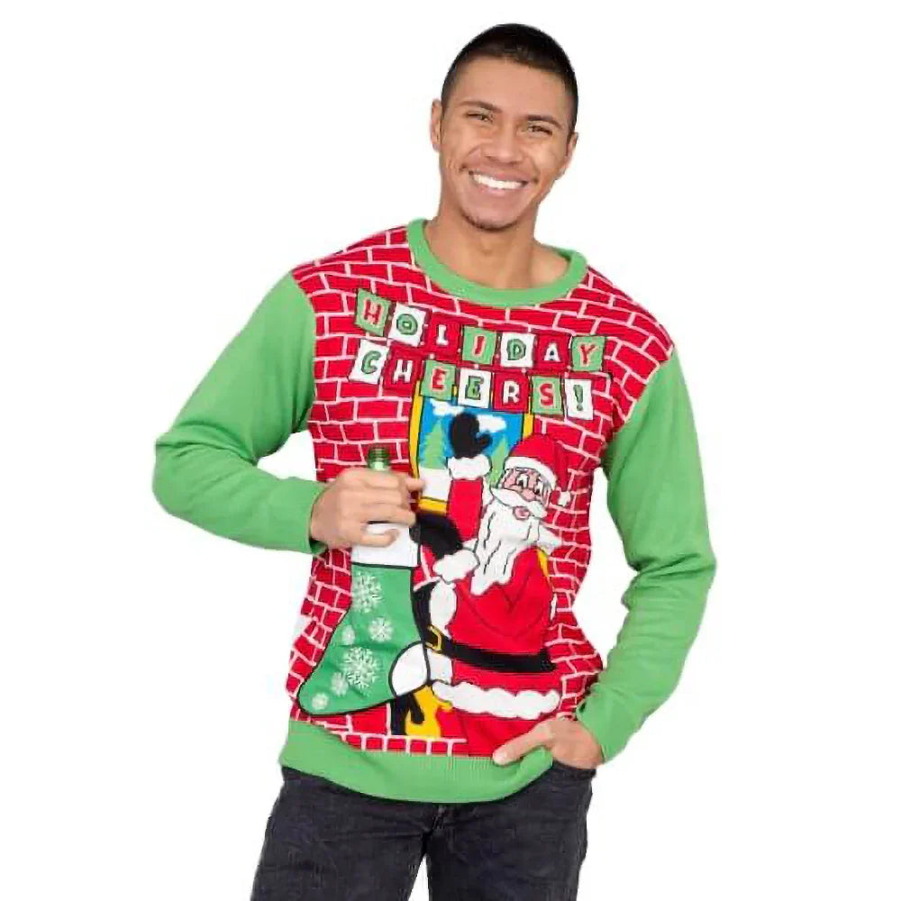 Man wearing festive holiday sweater with Santa Claus and 'Holiday Cheers' text