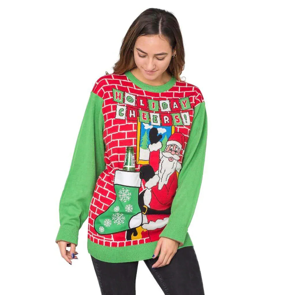 Woman wearing green and red ugly Christmas sweater with Santa, stocking beer holder, and 'Holiday Cheers' text.