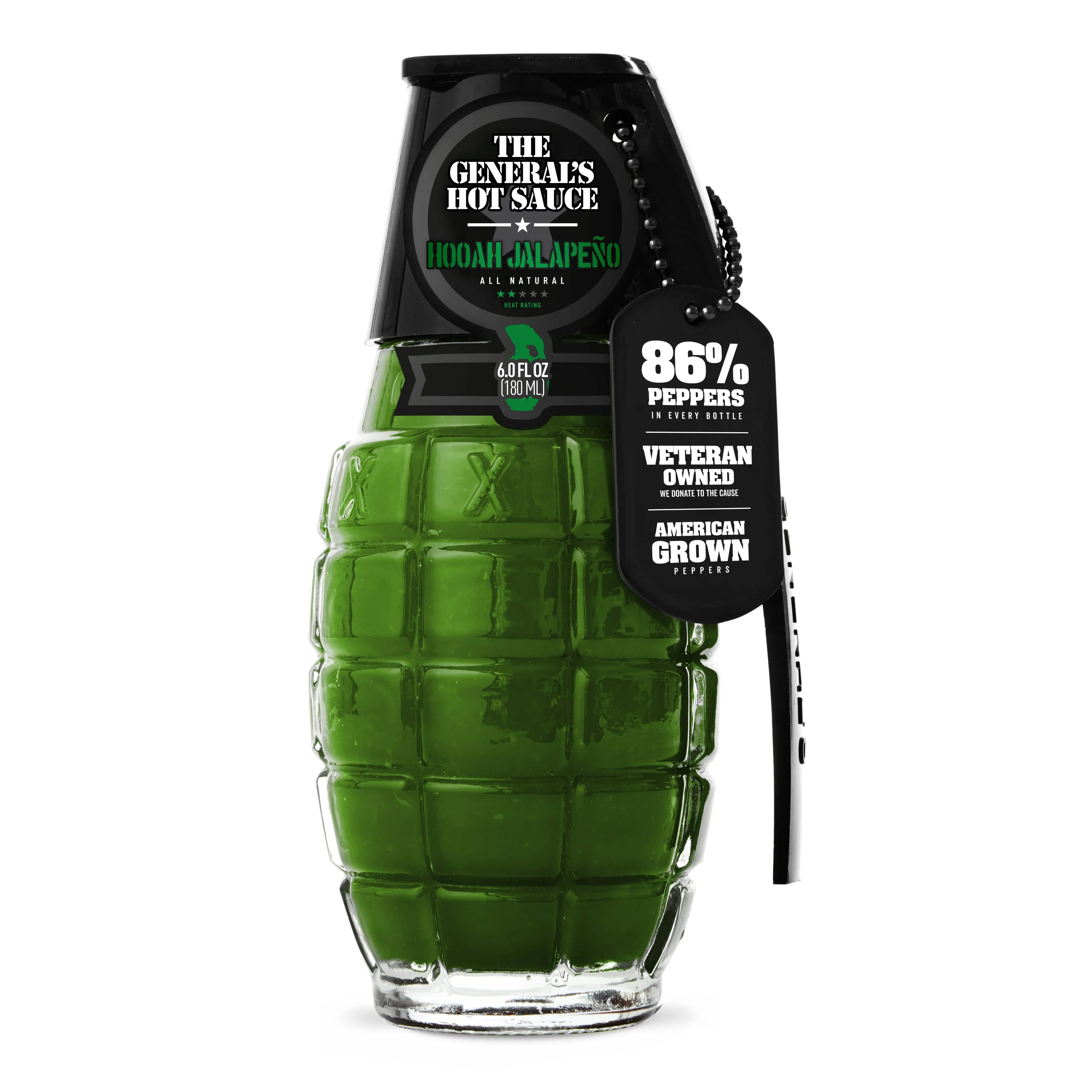 The General's Hot Sauce Hooah Jalapeño in green grenade-shaped bottle with product tags