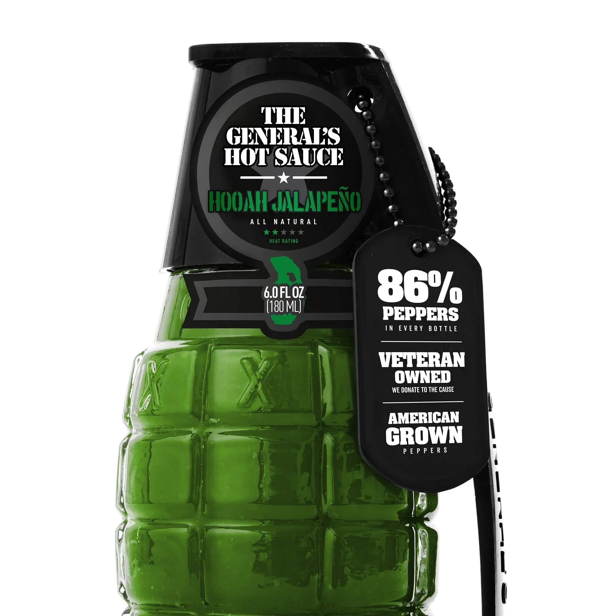 The General's Hot Sauce Hooah Jalapeño in a green grenade-shaped bottle with dog tag label