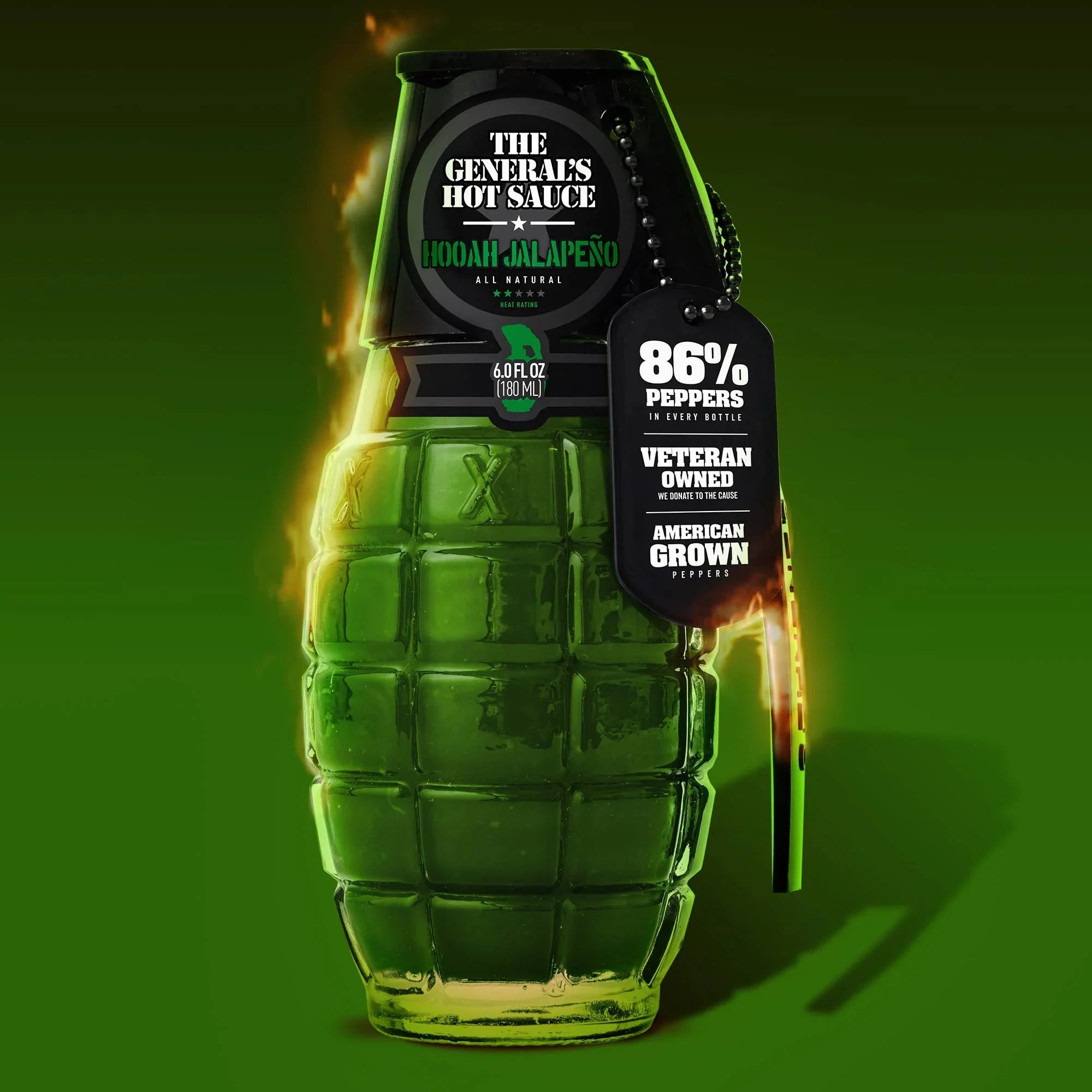 The General's Hot Sauce HOOAH Jalapeño in green grenade-shaped bottle with dog tag label