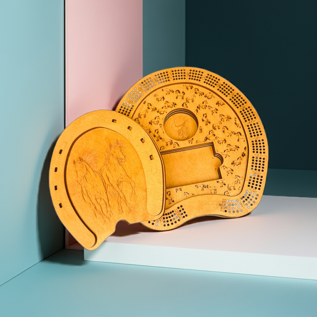 Creations by Alfie Horseshoe Cribbage Board – Handmade Wooden Horse Design with Peg Storage