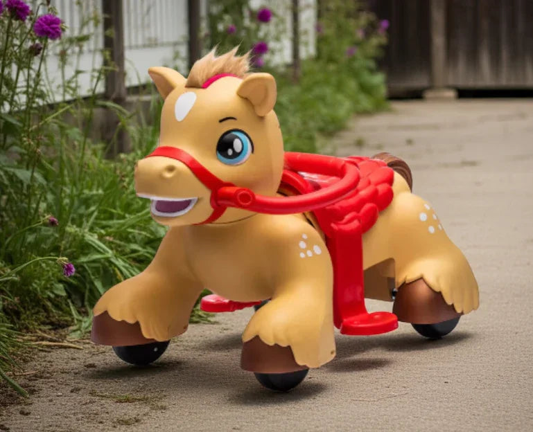 Cute brown pony ride-on toy with red handles on outdoor path, kids push toy