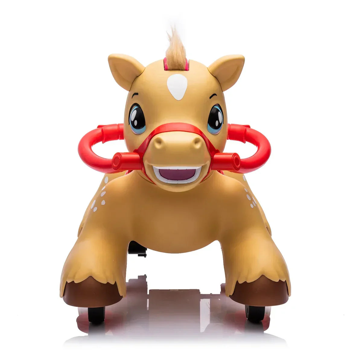 Ride-on toy horse with red handles and wheels, brown body, on white background