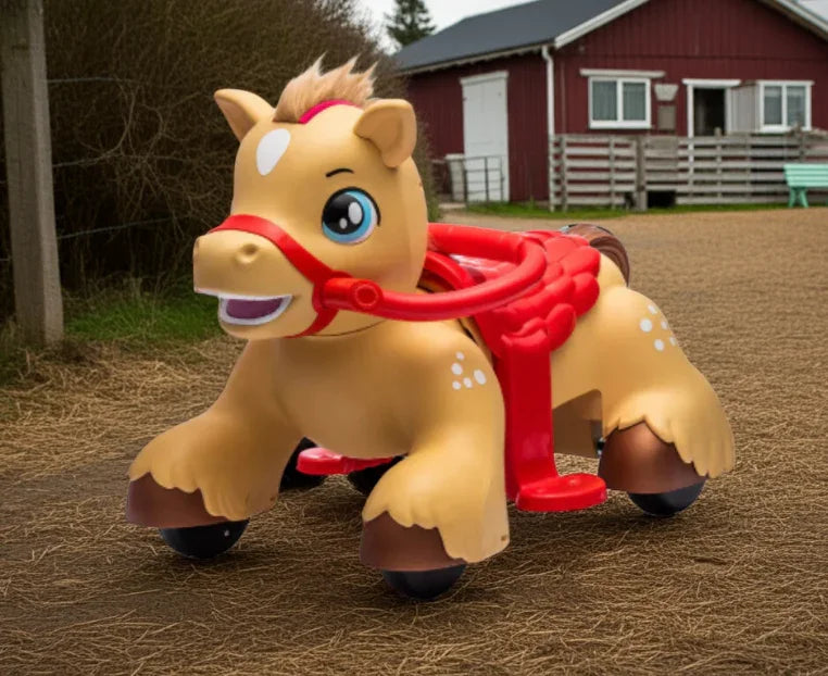 Toy horse riding animal with wheels on a dirt path, red barn in background