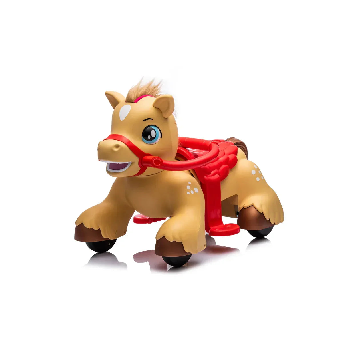 Brown plastic ride-on horse toy with red saddle and wheels on white background