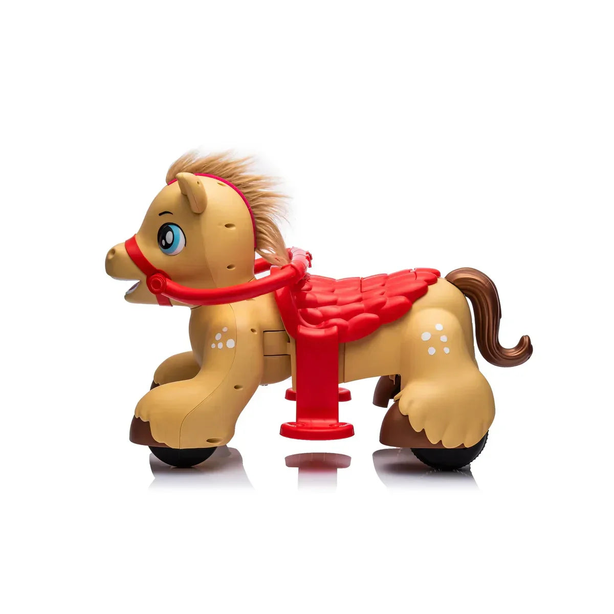 Plastic rocking horse toy with red saddle, wheels, and brown mane on white background