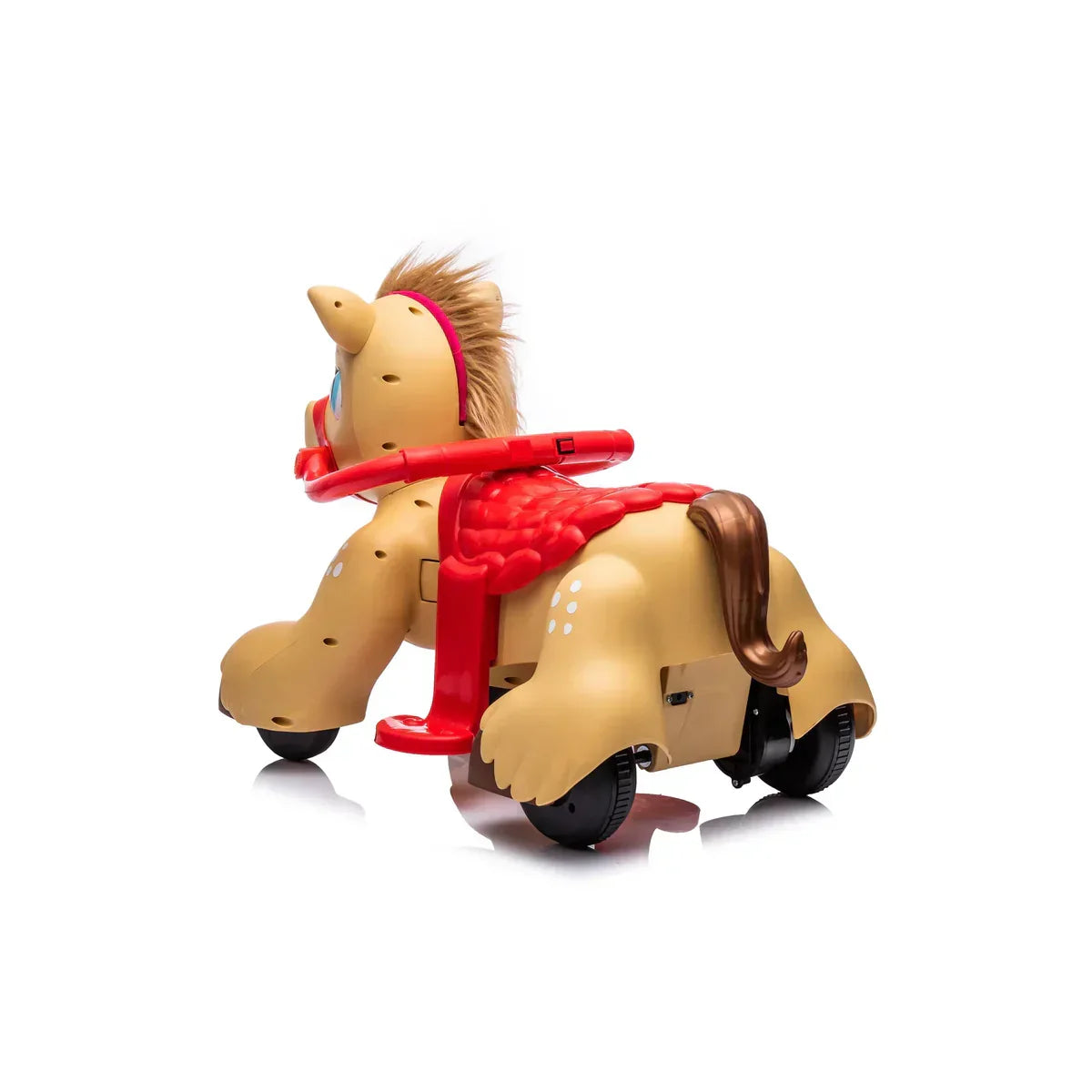 Brown toy horse on wheels with red saddle and harness, isolated on white background