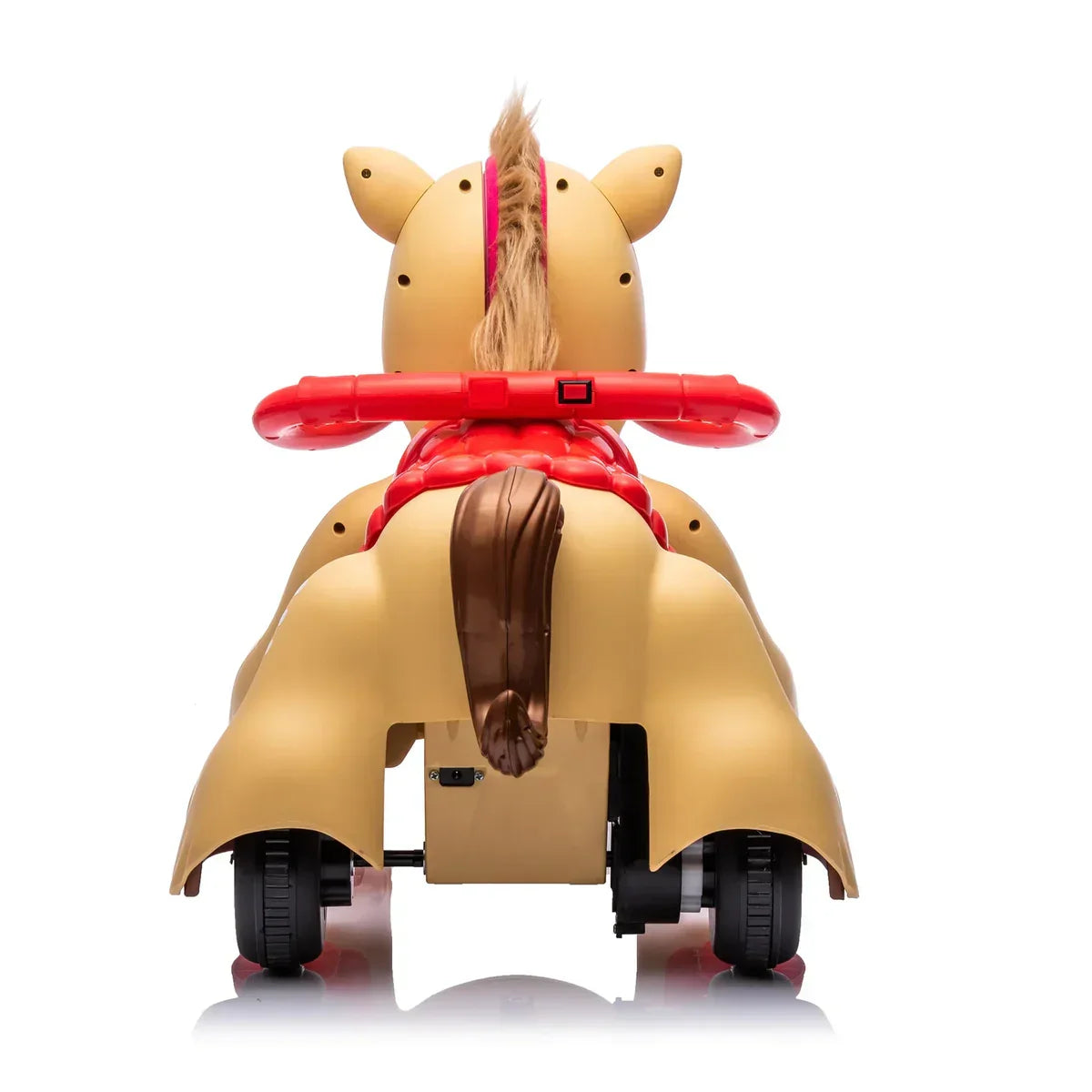 Rear view of a tan ride-on toy horse with brown tail, wheels, and red handlebar