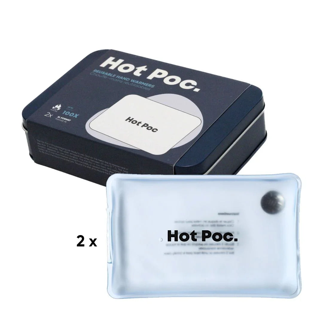 Hot Poc reusable hand warmers in tin box with two clear gel packs in front