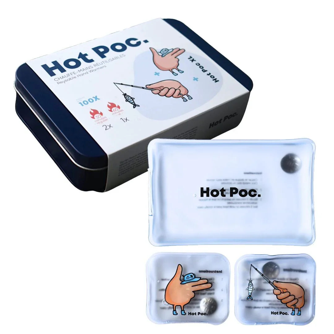 Hot Poc reusable hand warmers set with illustrated packaging and clear pouches on white background.