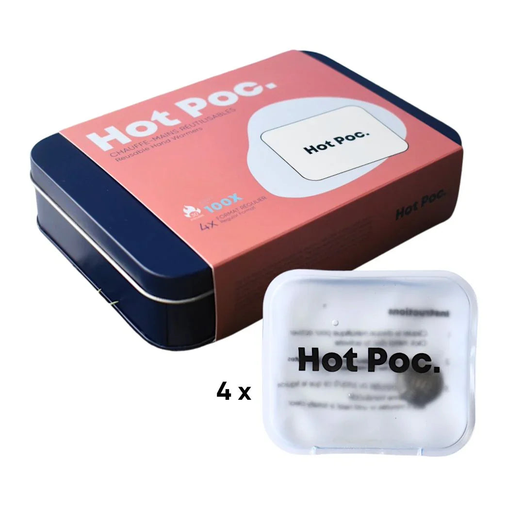 Hot Poc reusable hand warmers 4-pack with pink and navy storage tin