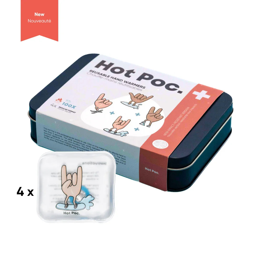 Hot Poc reusable hand warmers set in tin box, cartoon hand design, pack of 4, new product