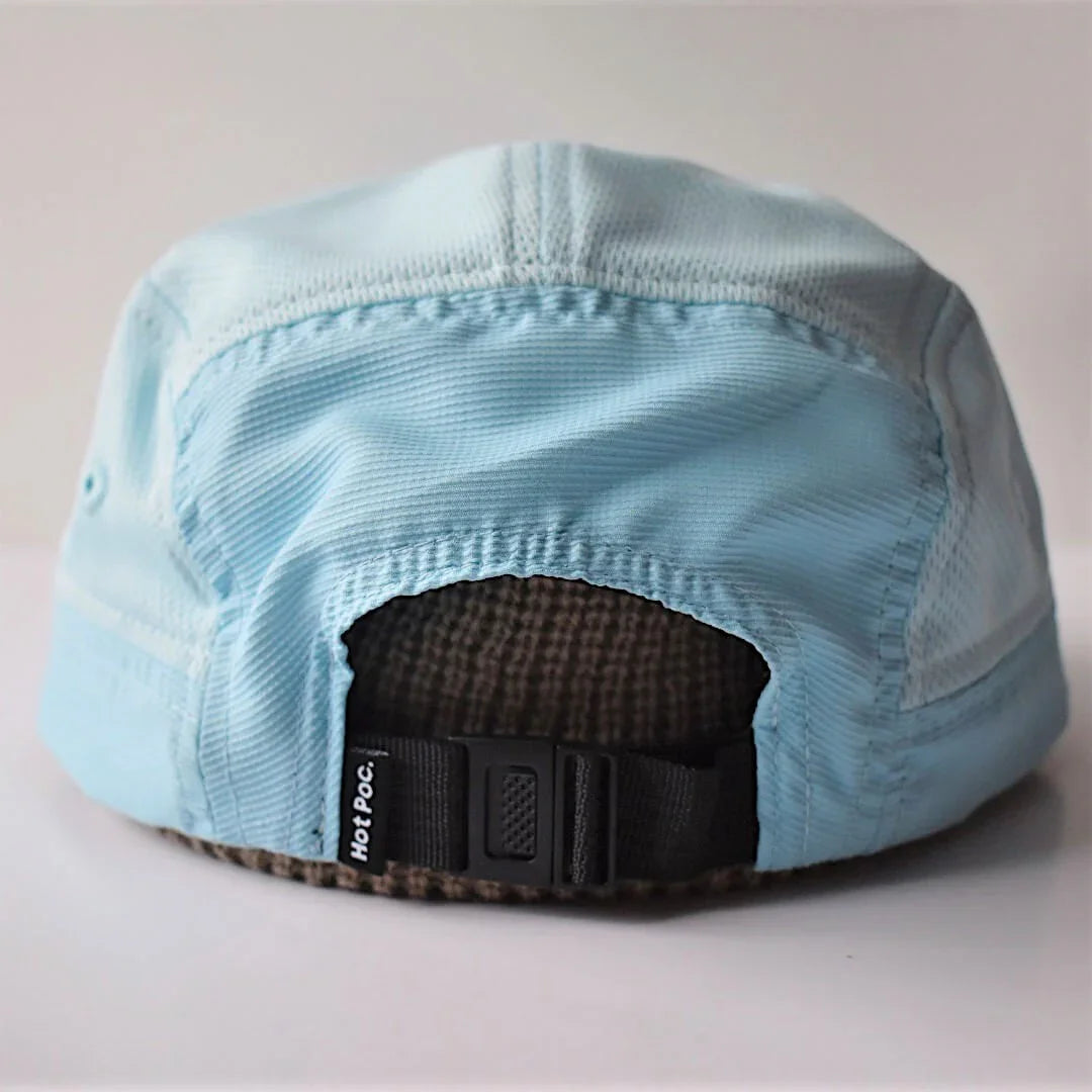Back view of light blue cap with black adjustable strap and Hot Poc label