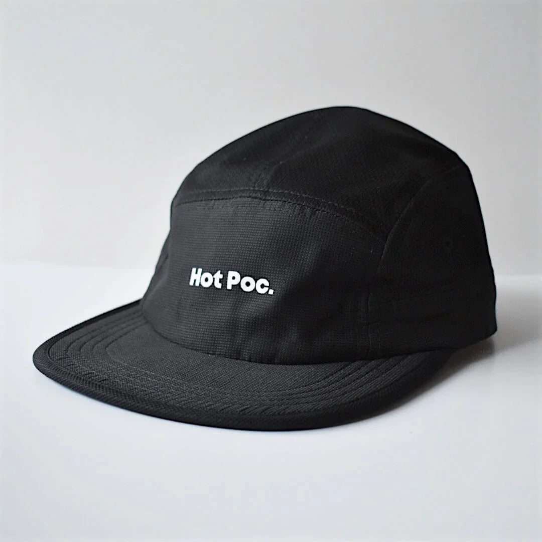 Black Hot Poc. cap with white embroidered logo on plain white background