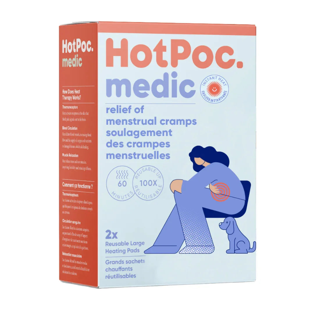 HotPoc medic menstrual cramp relief heating pads box with woman holding abdomen