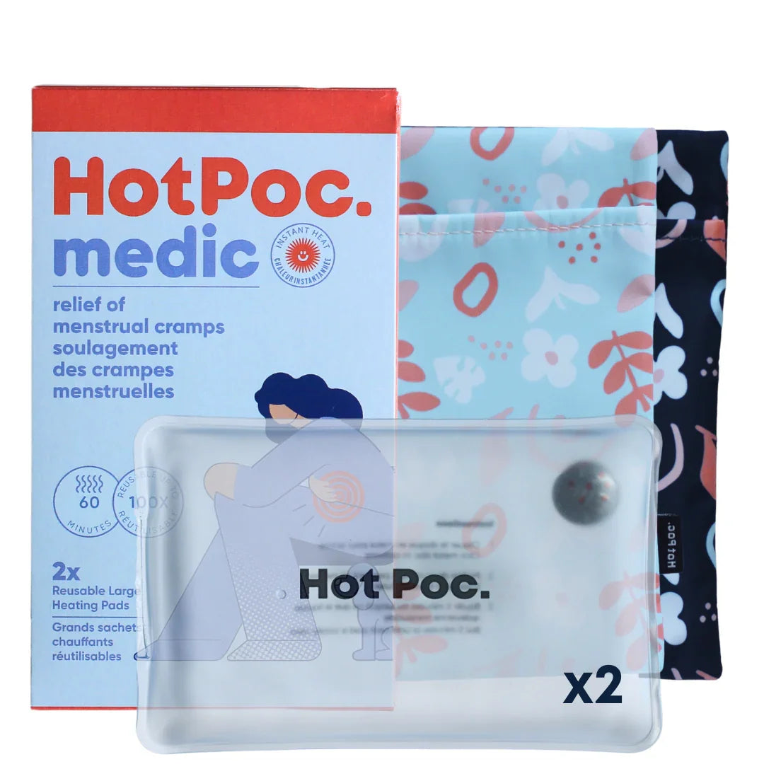 Hot Poc medic menstrual cramp relief kit with reusable heating pads and floral pouches