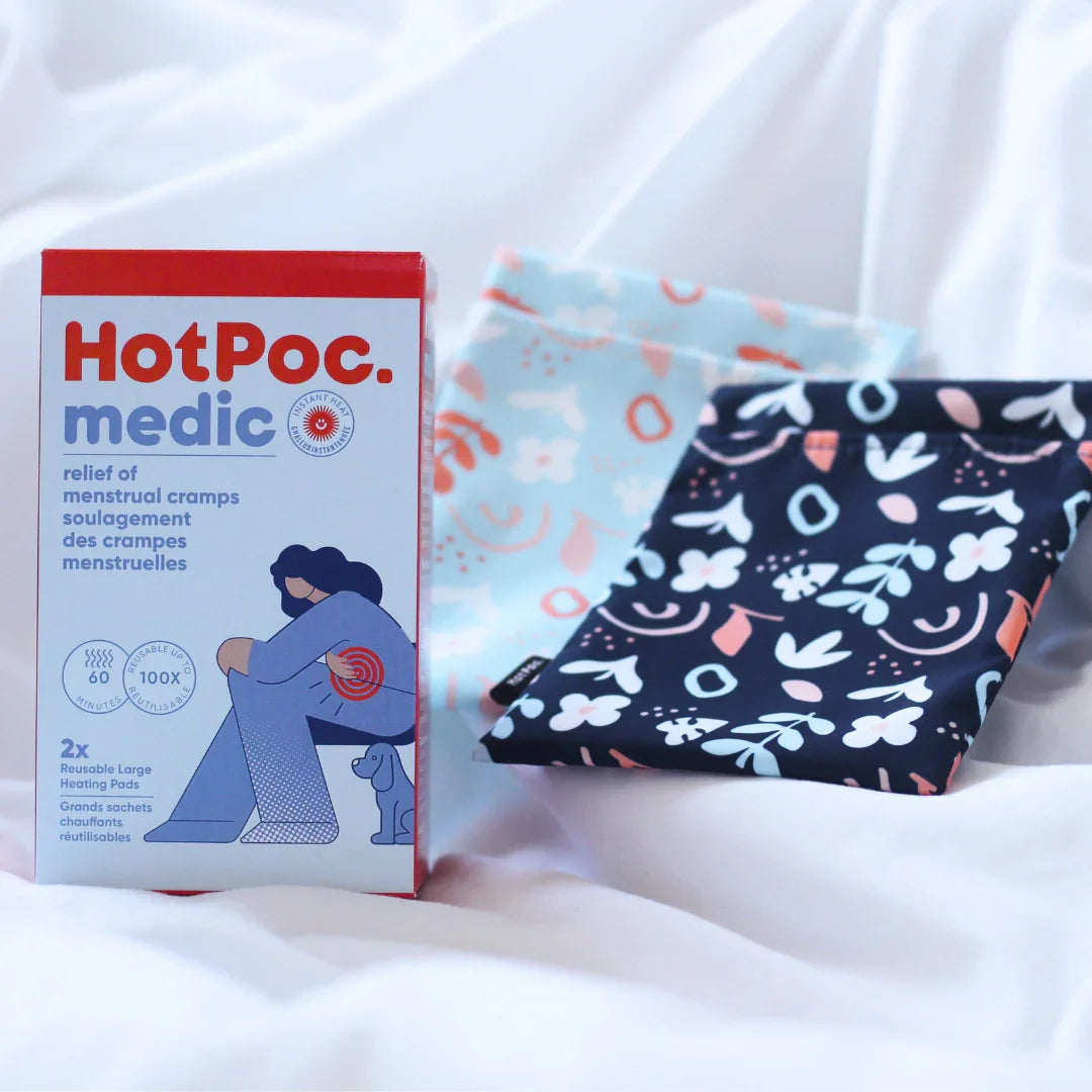 HotPoc Medic menstrual cramp relief heating pads box with two patterned pads