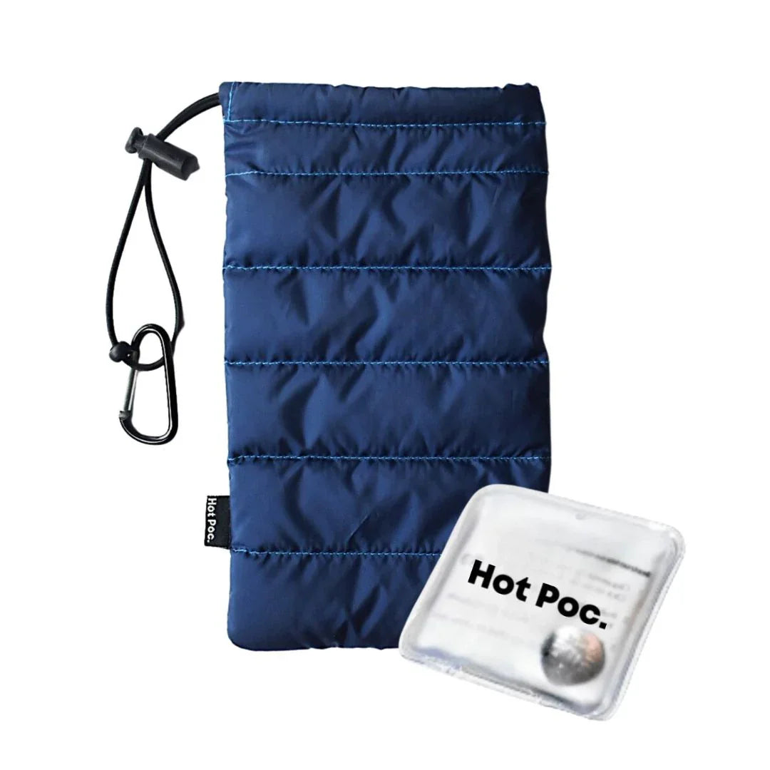 Blue Hot Poc insulated pouch with carabiner and reusable hand warmer pack