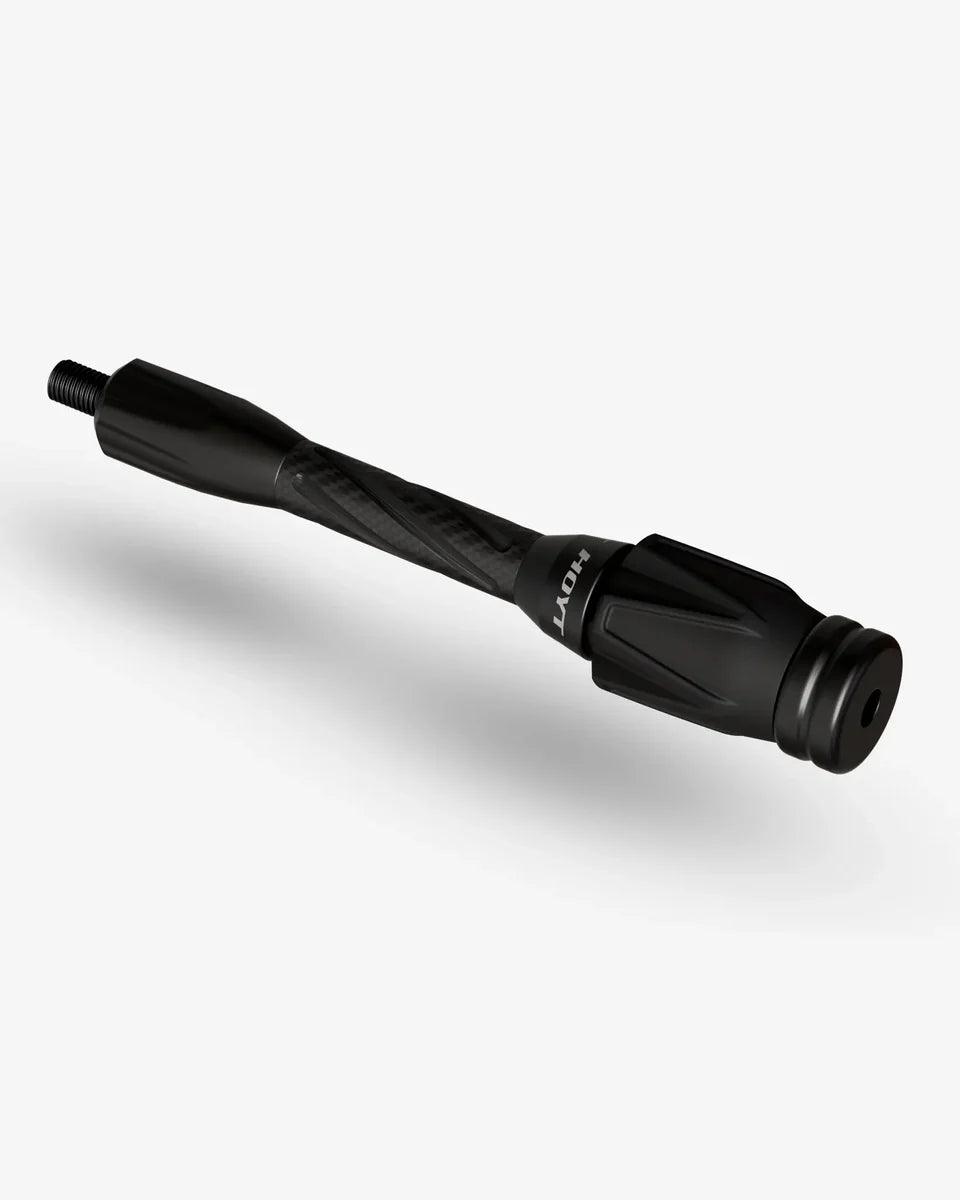 Black Hoyt 2025 archery stabilizer with carbon fiber design on white background