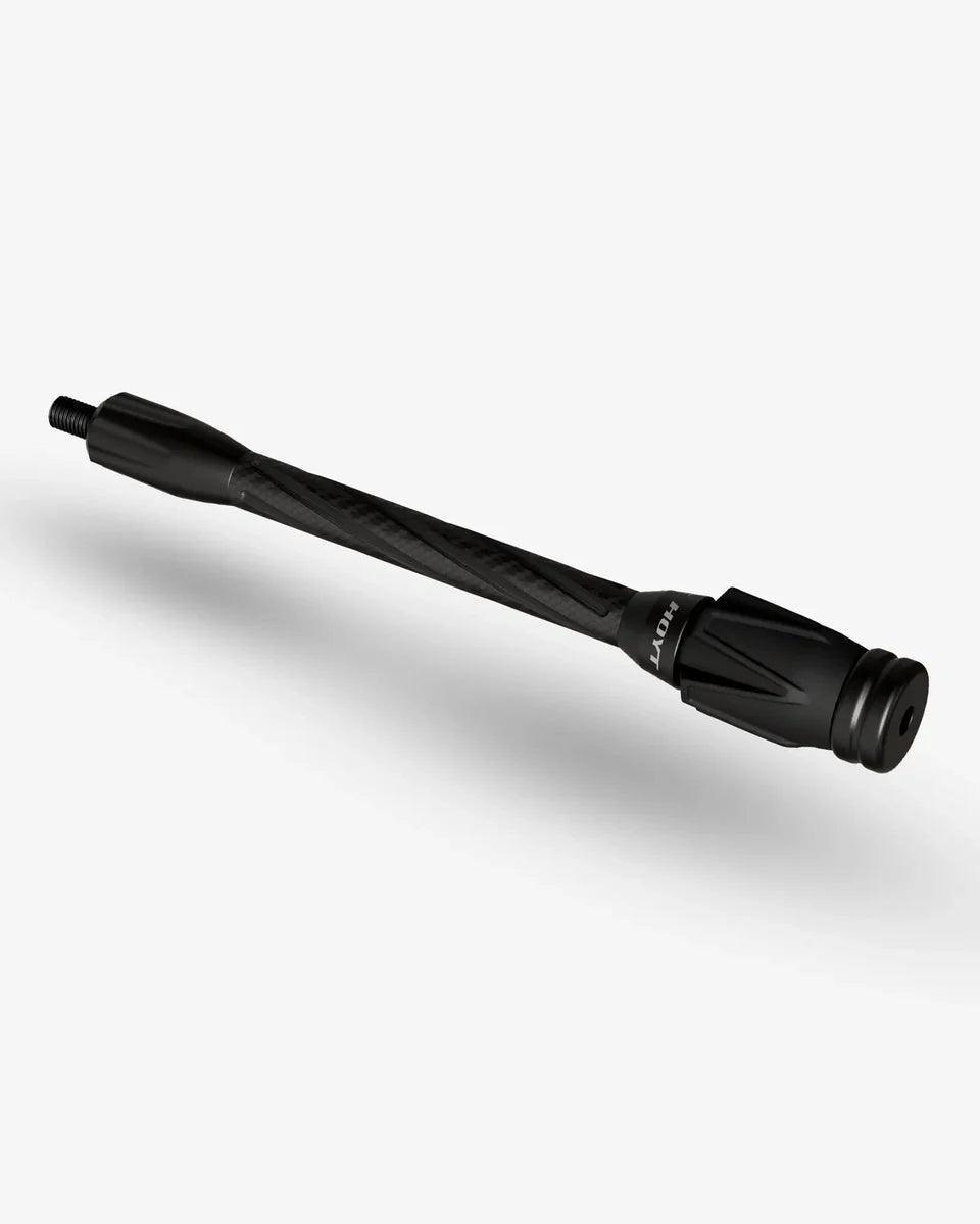 Black carbon archery stabilizer with threaded ends on a plain white background
