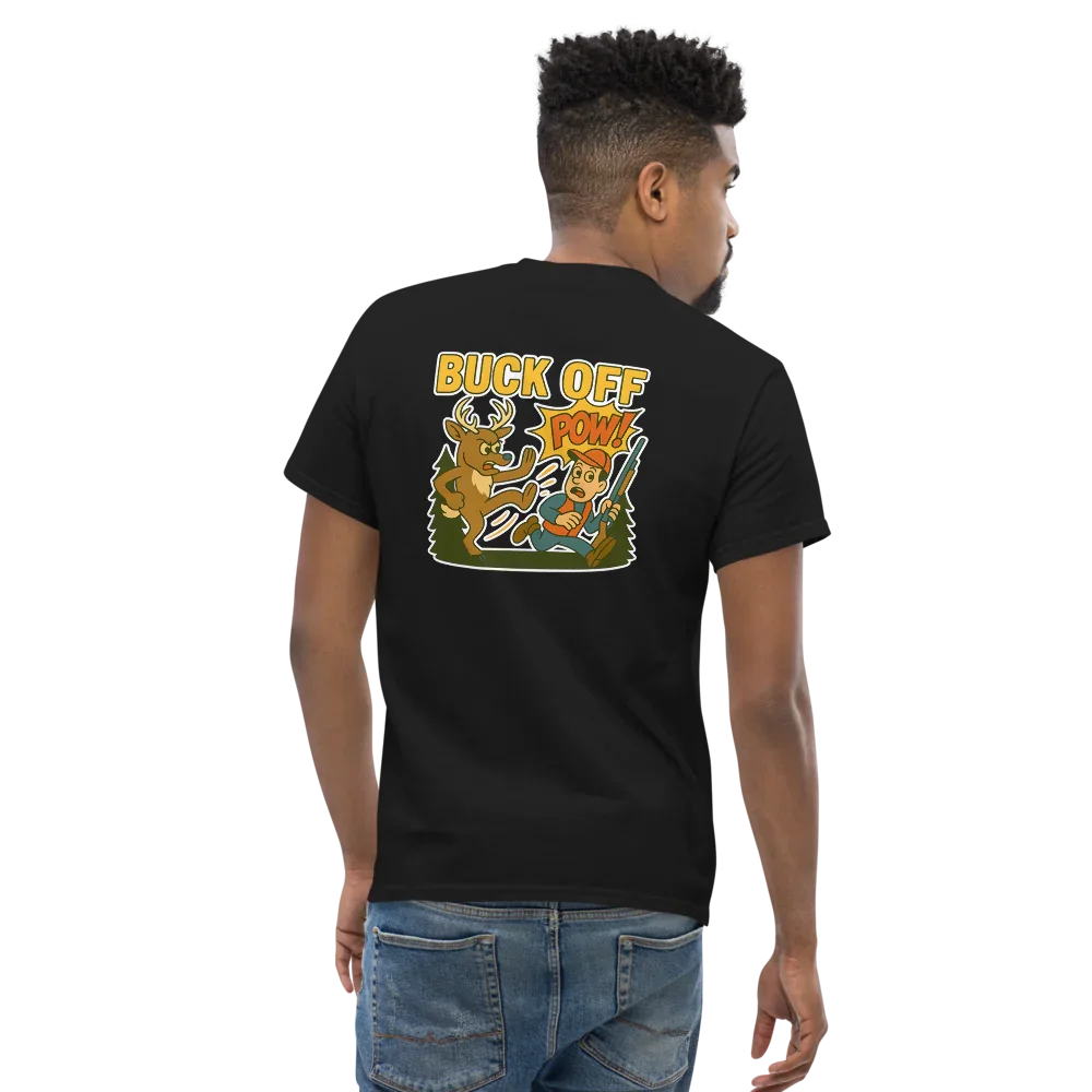 Man wearing black graphic tee with cartoon deer kicking hunter and 'Buck Off POW!' text