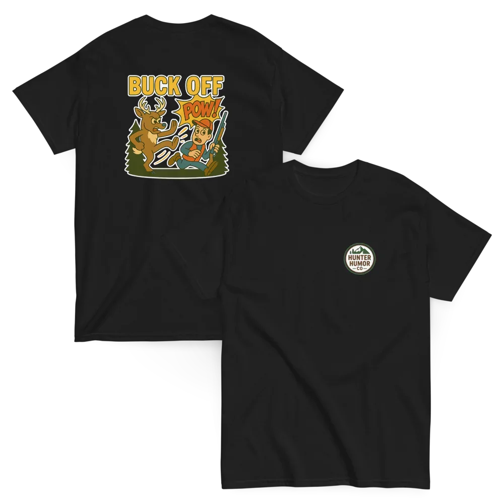 Black unisex classic tee with cartoon deer and hunter graphic, BUCK OFF POW text, Hunter Humor logo.
