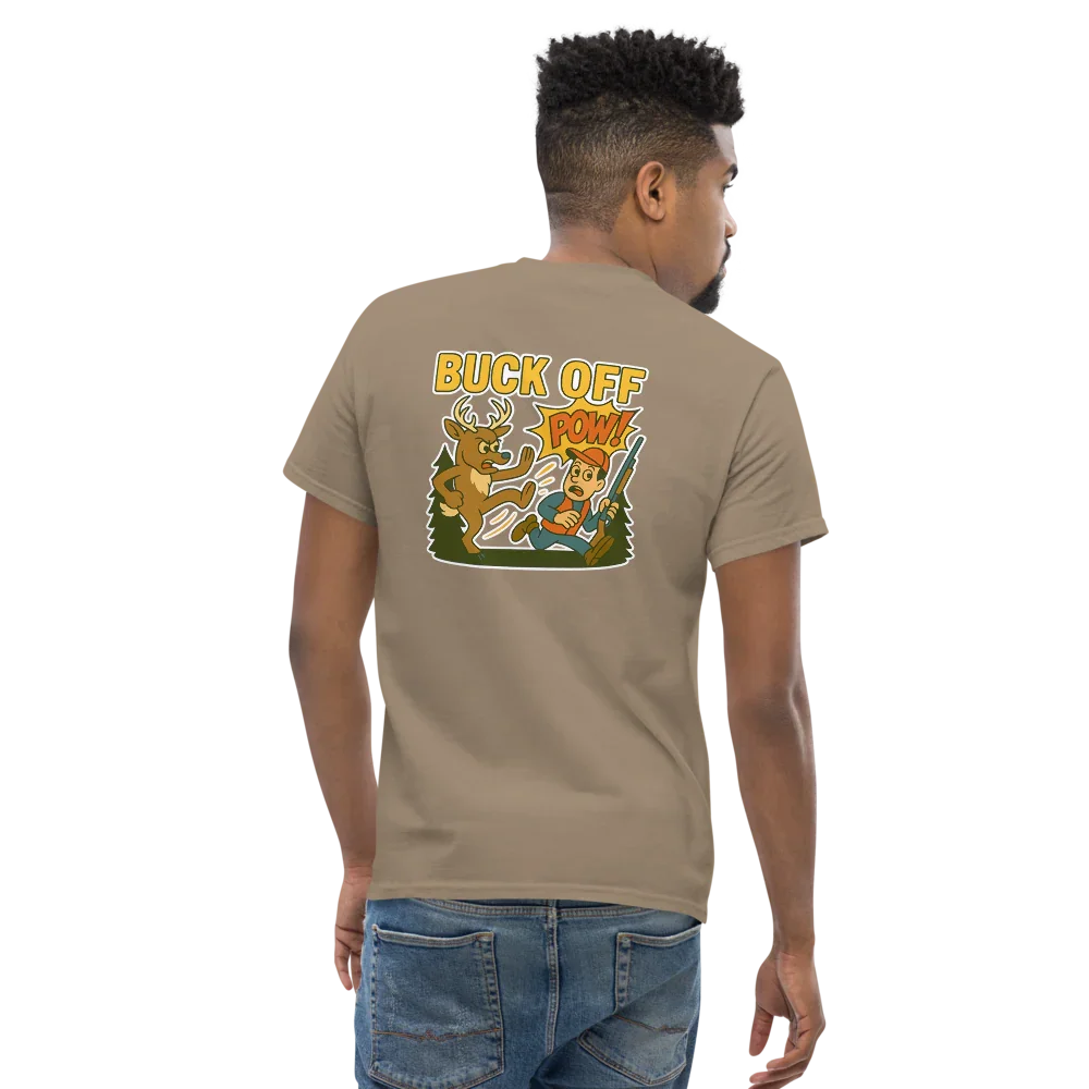 Man wearing brown unisex classic tee with cartoon buck graphic and 'Buck Off' text on back