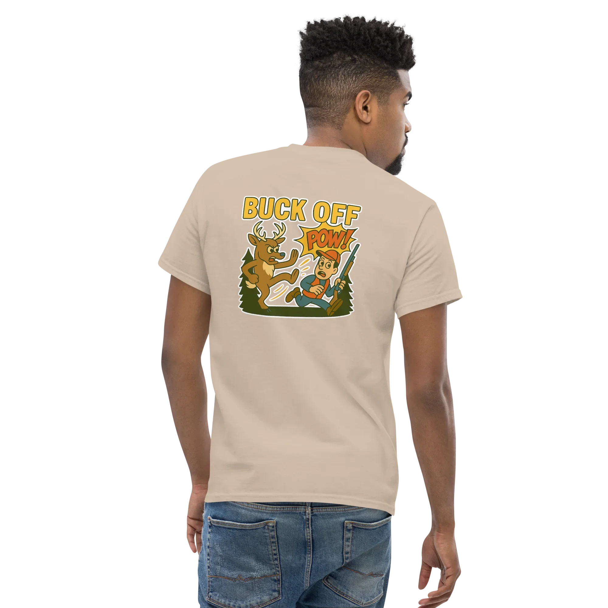 Unisex sand t-shirt back with cartoon deer and man, 'Buck Off' text, and comic 'Pow!'