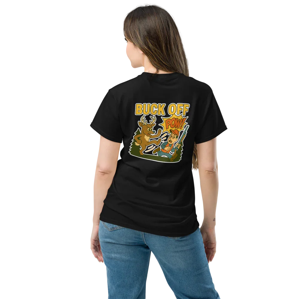 Woman wearing black graphic tee with cartoon deer and hunter, text 'BUCK OFF' on back