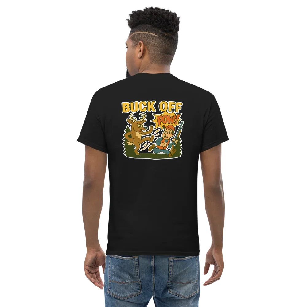 Unisex black graphic tee with cartoon deer kicking hunter, text 'Buck Off' and 'Pow' on back