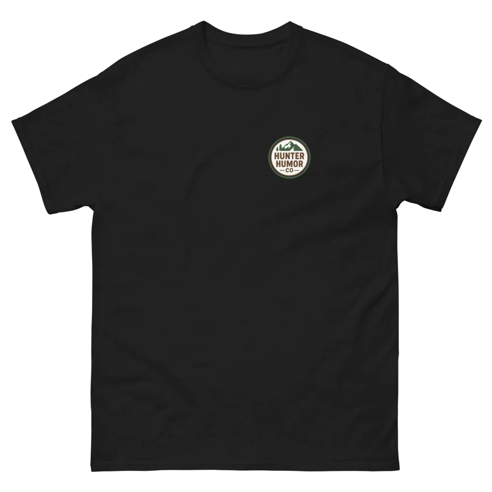 Unisex black classic tee with Hunter Humor Co mountain logo on chest