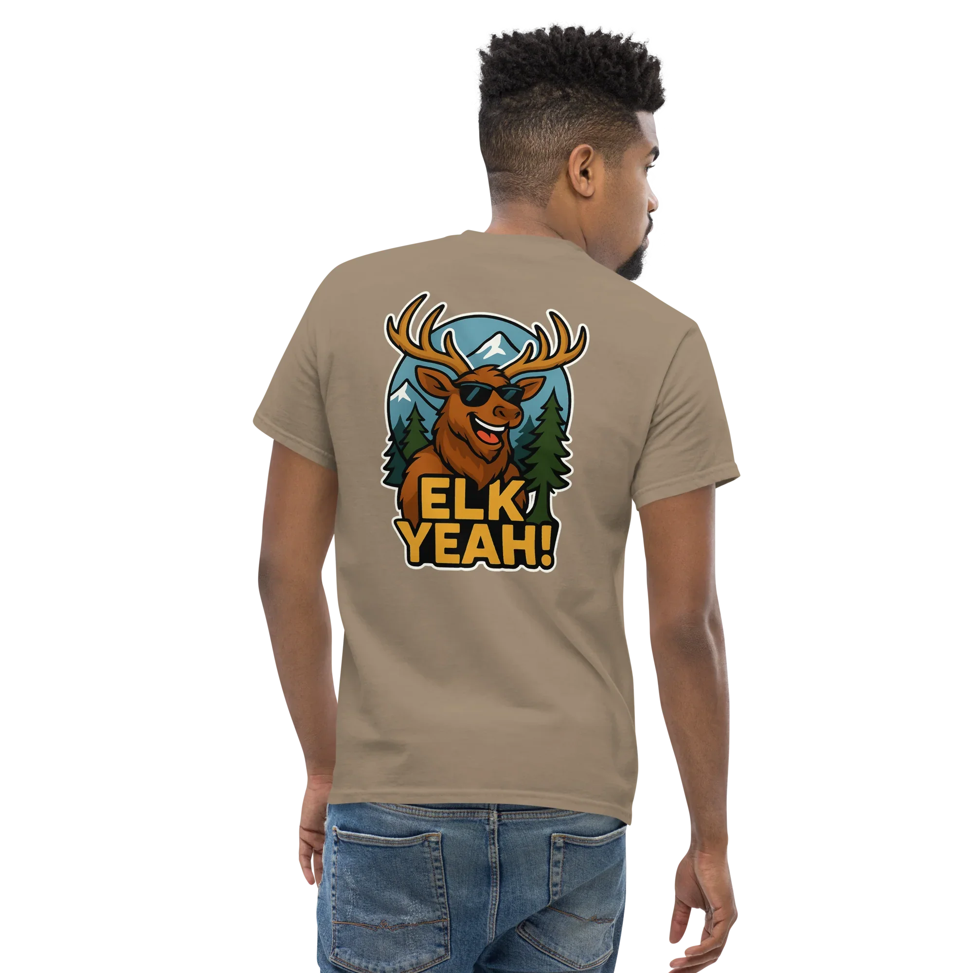 Man wearing brown unisex graphic tee with cartoon elk, sunglasses, and Elk Yeah! text on back