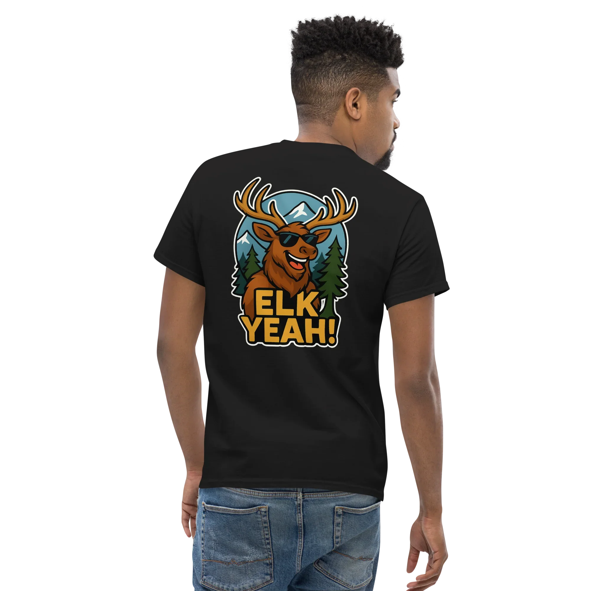 Man wearing black unisex tee with cartoon elk and 'Elk Yeah!' design on the back