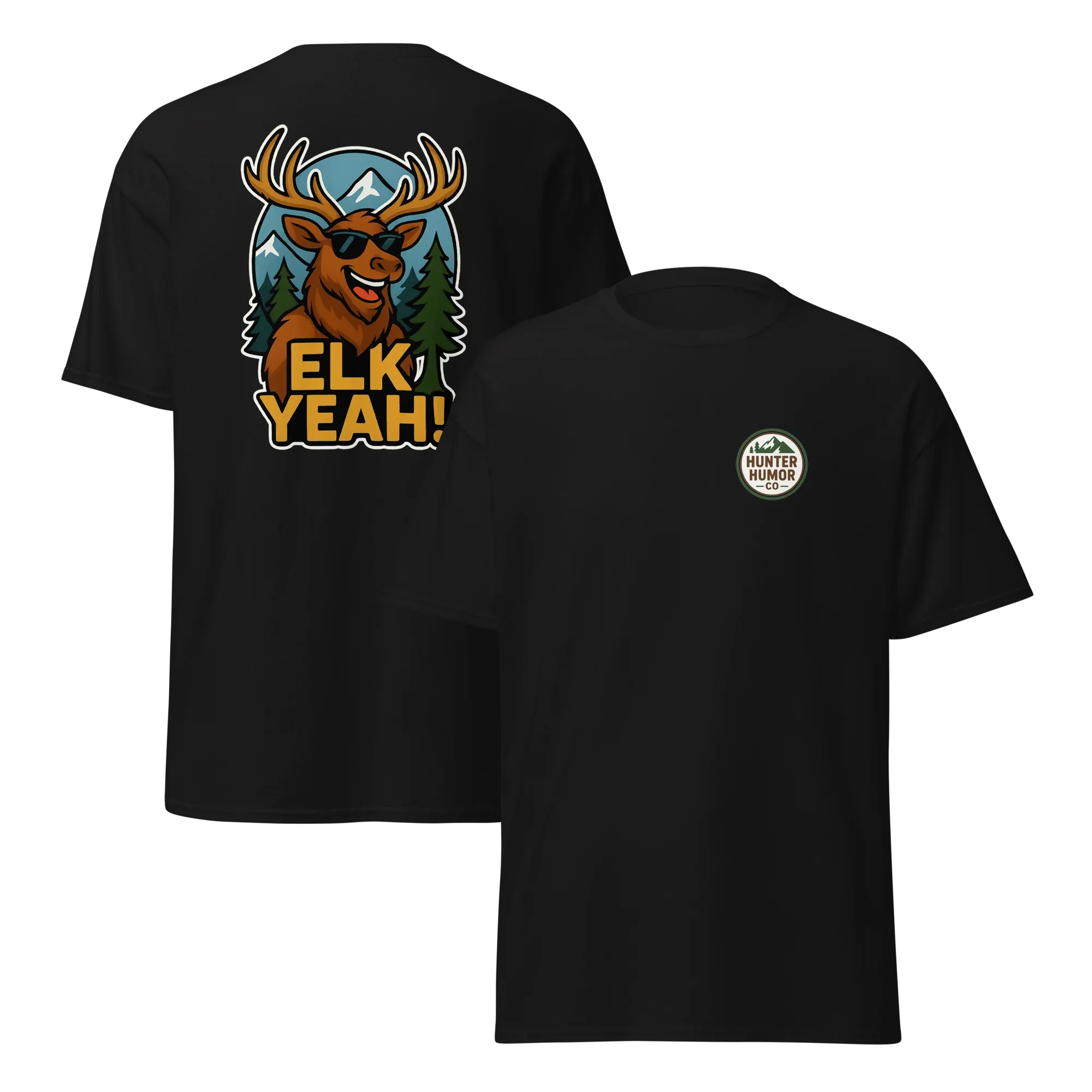 Black unisex t-shirt with cartoon elk graphic and 'ELK YEAH!' text on the back
