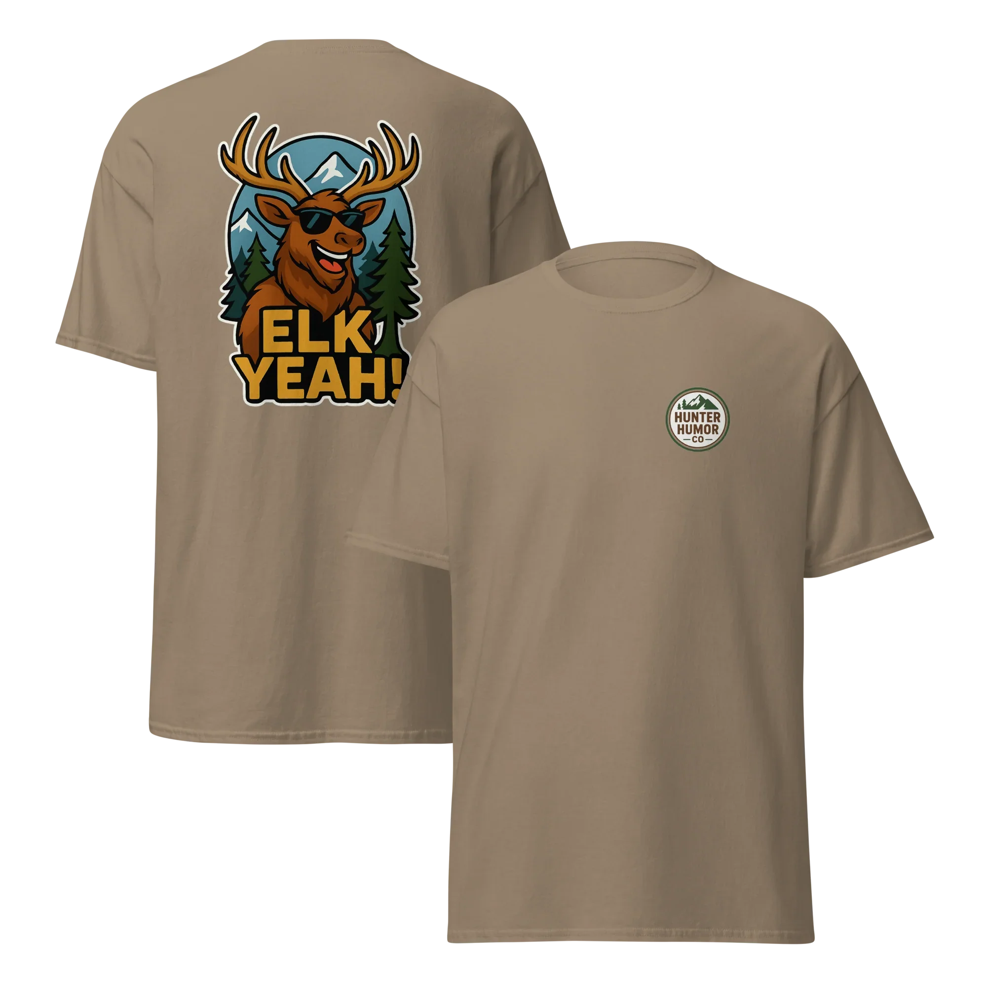 Brown unisex classic tee with cartoon elk, 'ELK YEAH!' text, and Hunter Humor Co logo