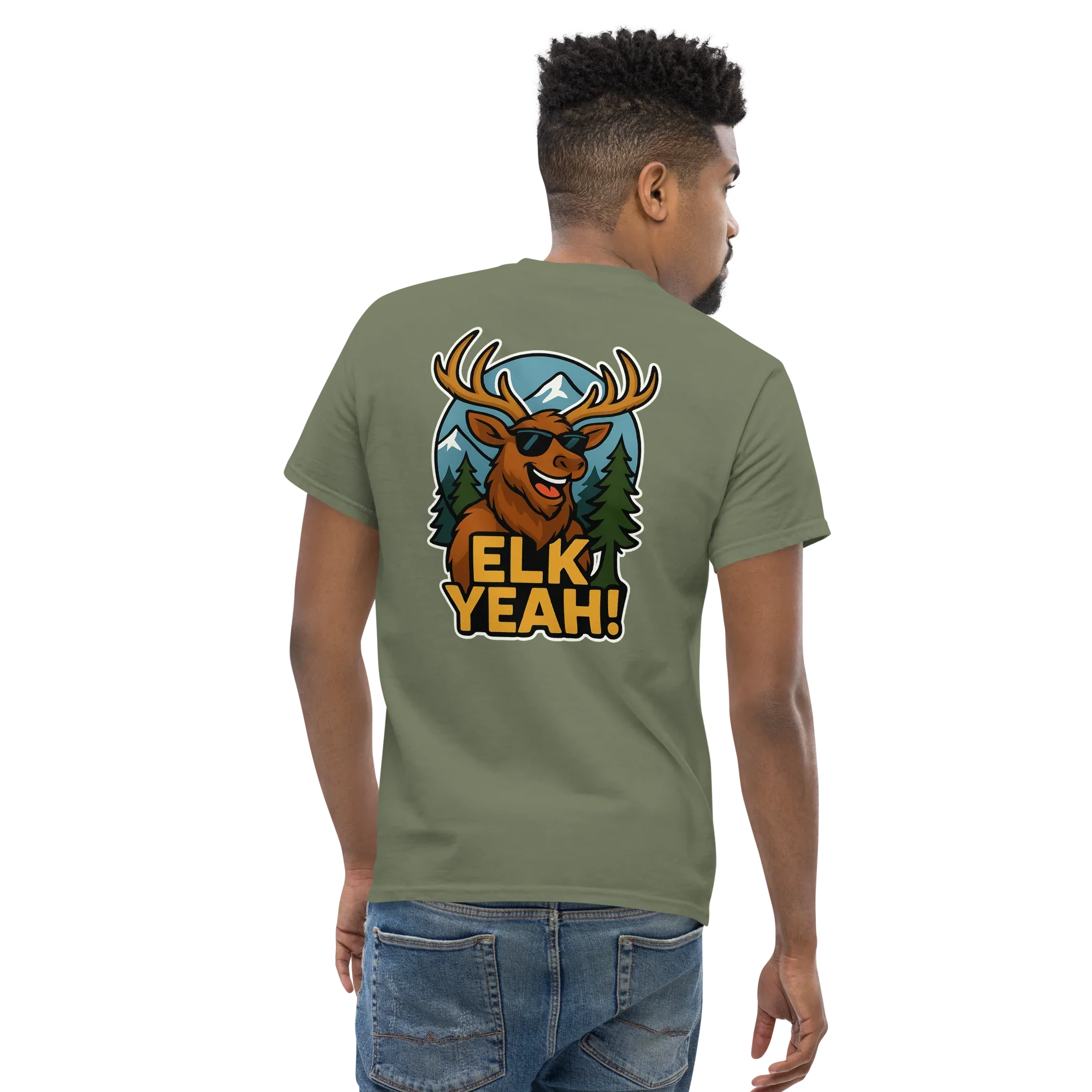 Man wearing military green tee with cartoon elk, sunglasses, 'ELK YEAH!' text, outdoors theme