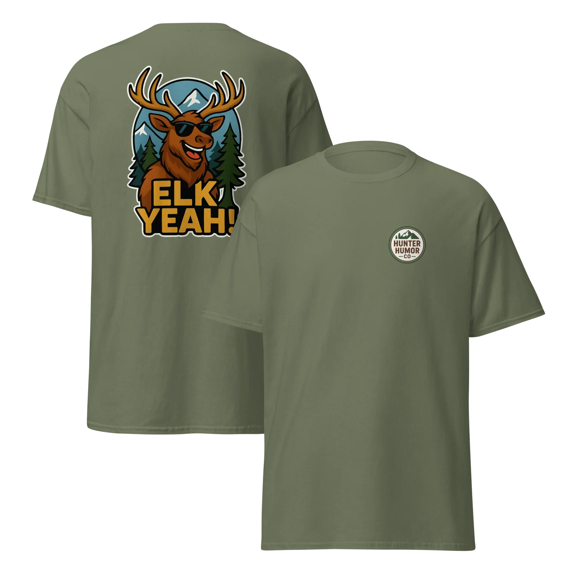 Military green unisex tee with cartoon elk and 'ELK YEAH!' text, Hunter Humor logo