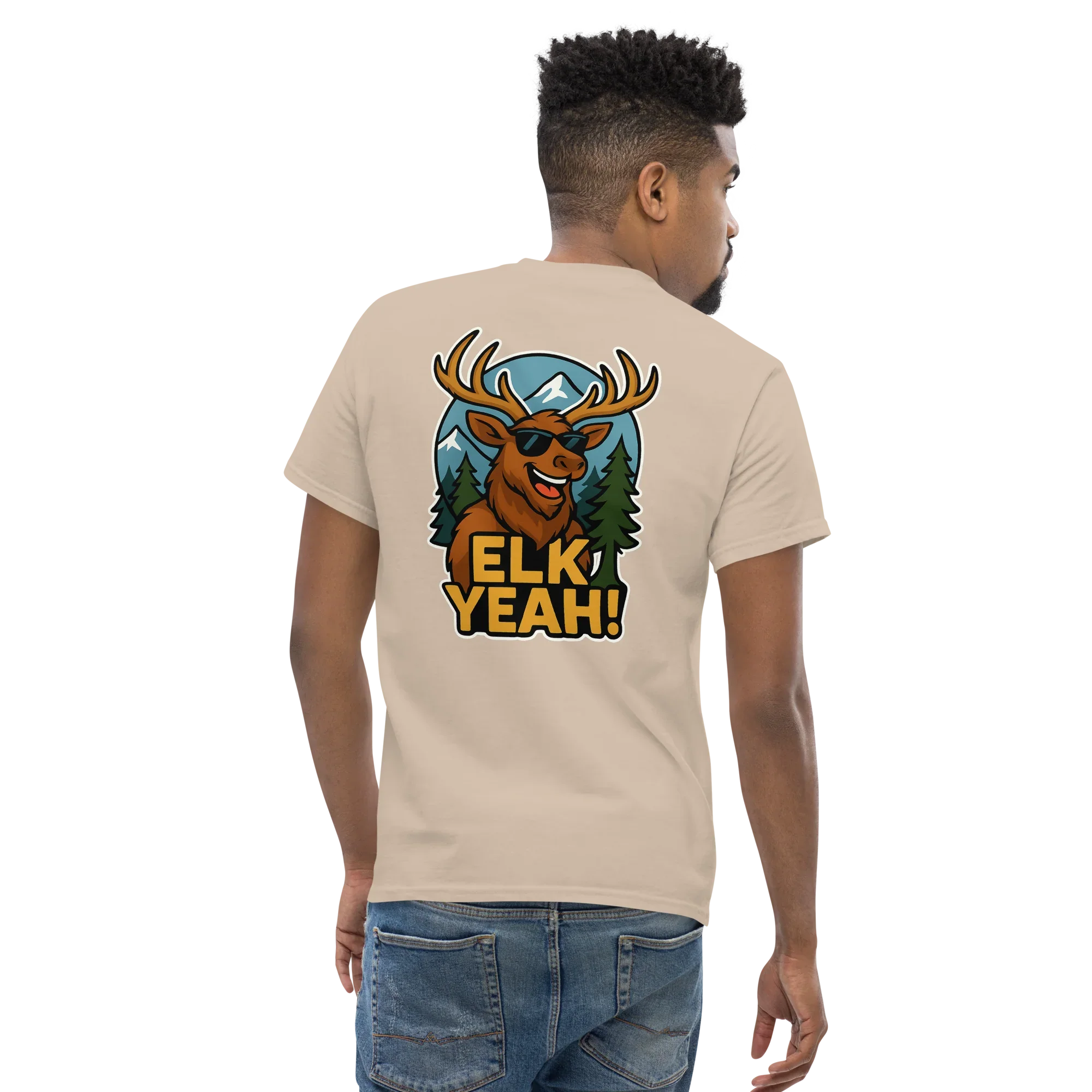 Man wearing sand color unisex classic tee with cartoon elk and 'ELK YEAH!' text on back