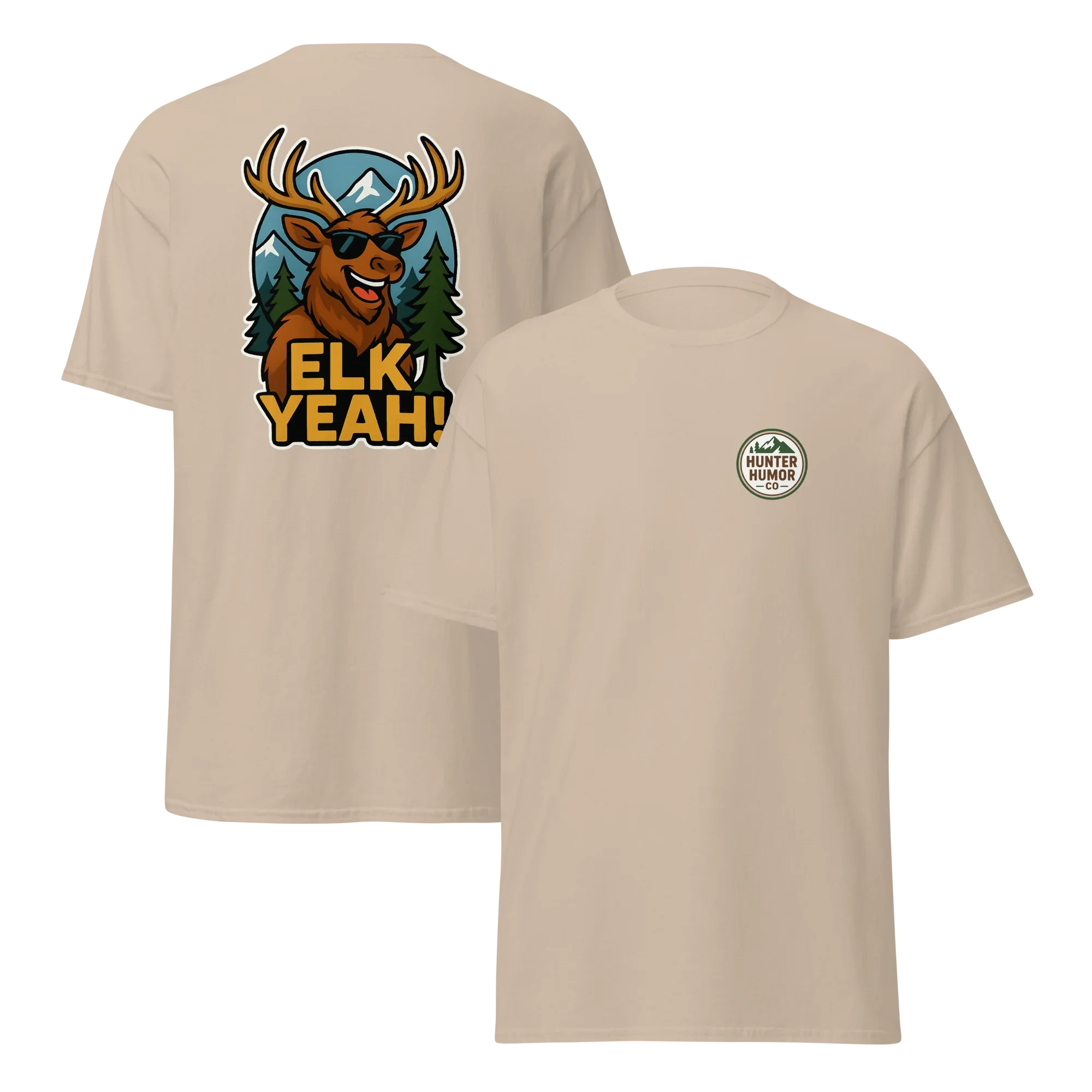Sand unisex t-shirt with cartoon elk graphic and 'ELK YEAH!' text on back, logo on front