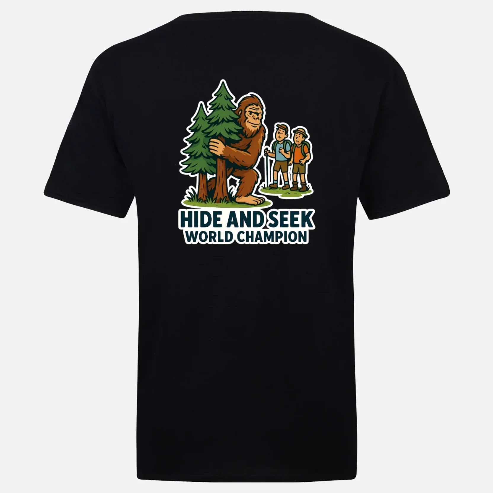 Black t-shirt with Bigfoot hide and seek world champion graphic and hikers in forest.
